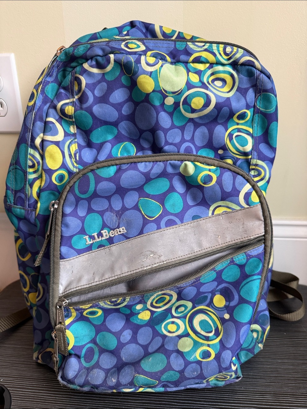 L.L. Bean Purple, Teal & Yellow Circular Pattern Backpack